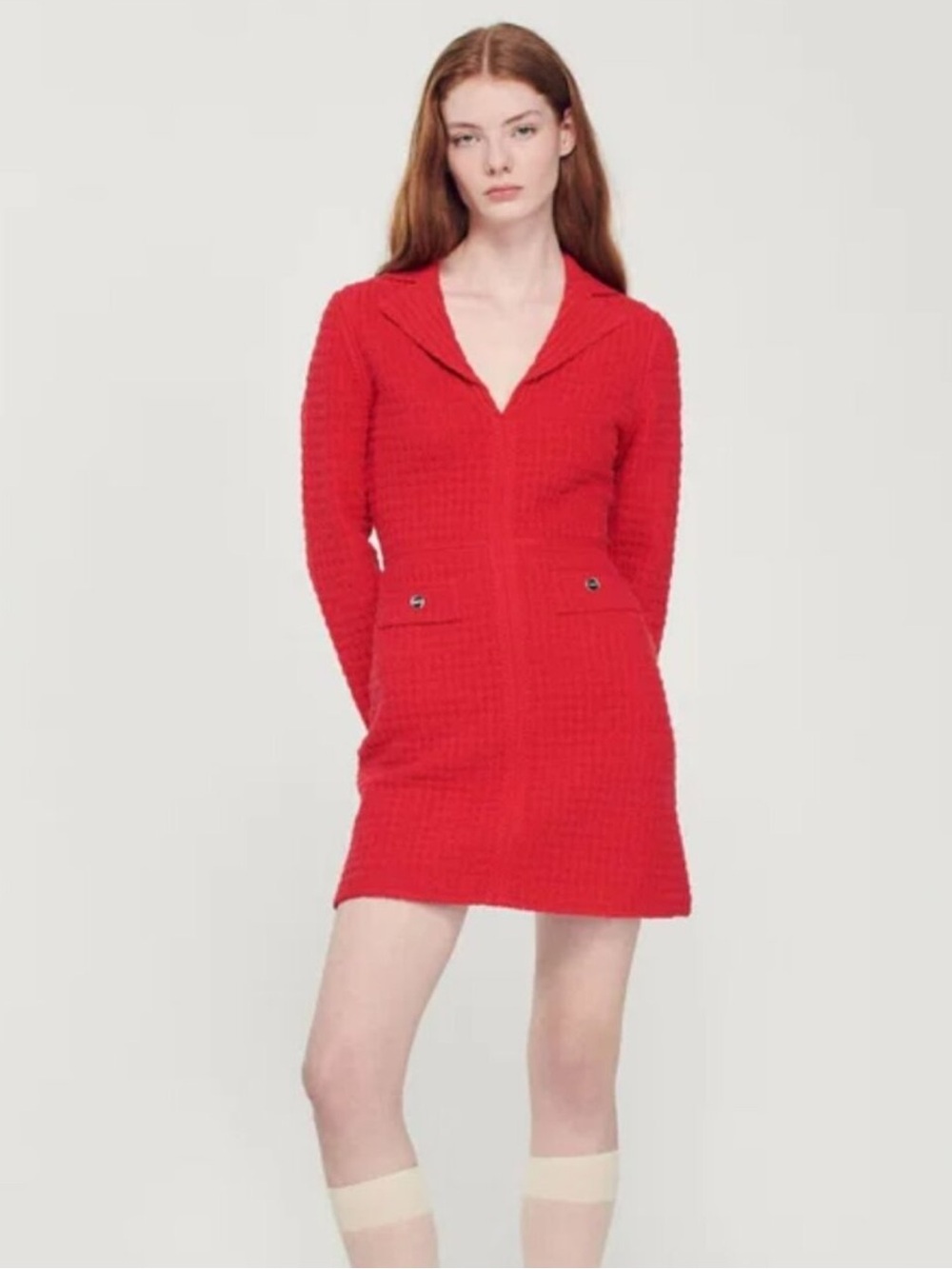 NWT ❤️💄SANDRO Tweed Red Long Sleeve Wool blend Mini dress size S - Picture 7 of 8